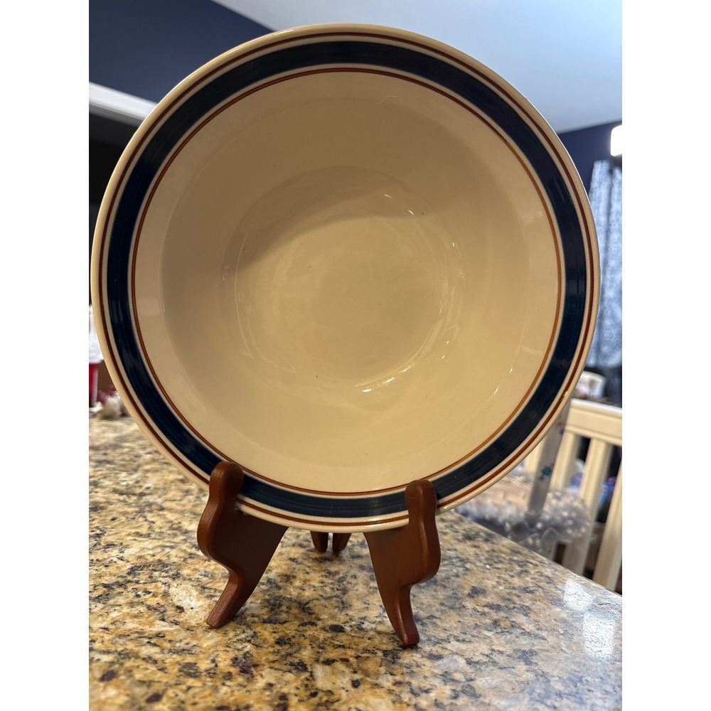 Tienshan Stoneware 7 Inch Cereal Soup Bowl Navy Blue Brown Bands Cream China